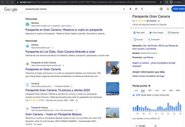 listado de las serps con Parapente Gran Canaria en Primera poisición