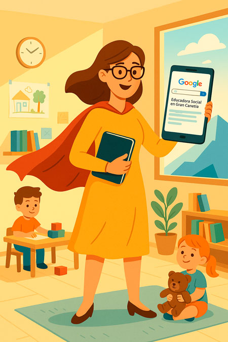 Una educadora social con capa de heroina en un aula con una tablet en mano mostrando las serps de educadora social en Gran Canaria. Unos niños sentados en el suelo la miran