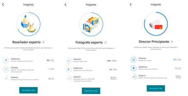 Insignias de local guide con números reales de a donde llegar para obtenerlas